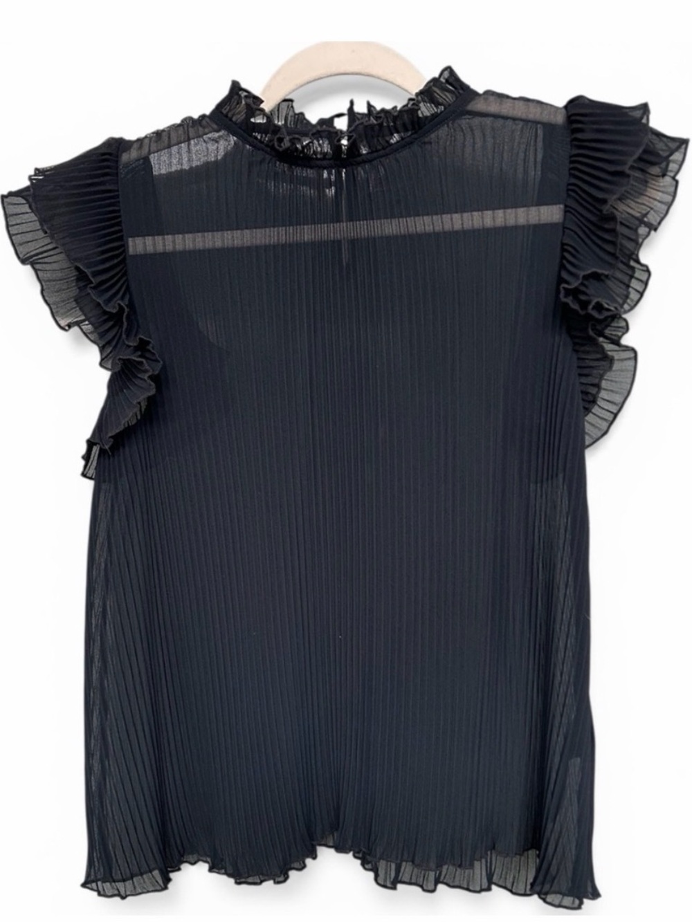 Anthropologie Navy Sheer Pleated Ruffle Sleeve blouse